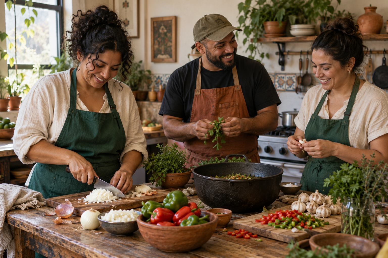 Teammates gathering around a kitchen table to prepare peppers, onions, garlic, and herbs together